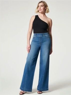 Spanx Seamed Front Wide Leg Jeans Indigo High Rise Stretch Size L